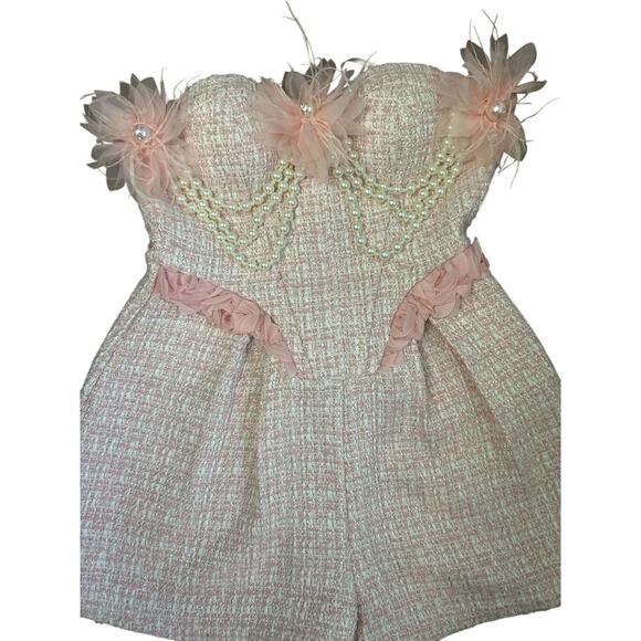 Akira Metallic Stitching Feminine Strapless Pearls Pretty In Pink Tweed Romper M - Picture 3 of 13